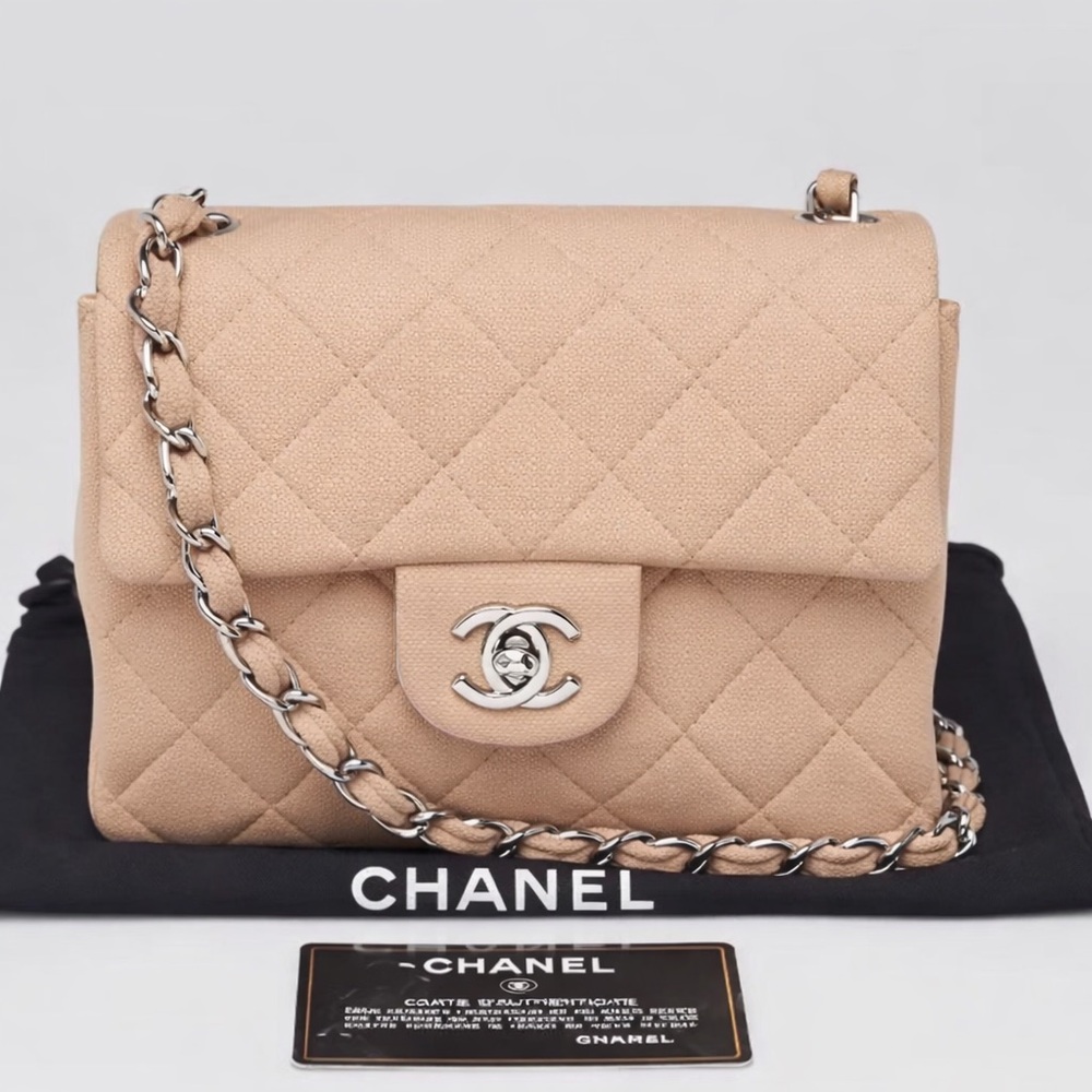 CHANEL Mini Flap Beige Quilted Canvas Classic Square Bag 💯Authentic